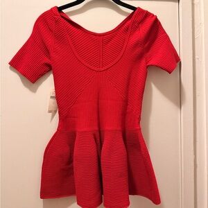 Maeve Red Ribbed Short Sleeve Peplum Top